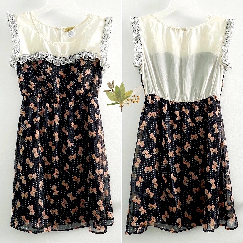 Moon Collection babydoll chiffon ribbon print dress, pink bow